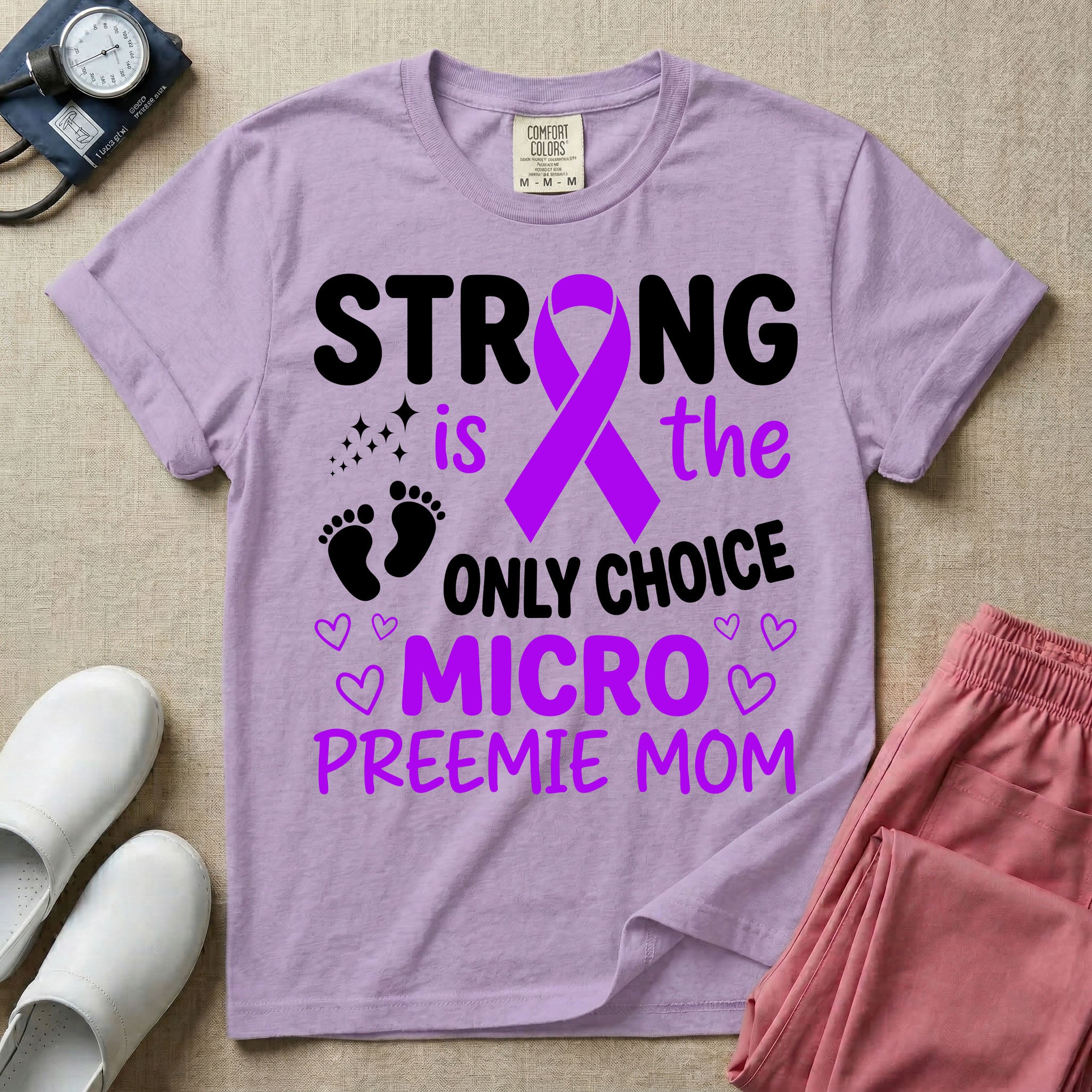 A graphic for the Neonatal Intensive Care Unit featuring the text 'STRONG is the ONLY CHOICE' stacked above 'MICRO PREEMIE MOM', incorporating a large purple awareness ribbon, tiny baby footprints, and small purple outline hearts.
