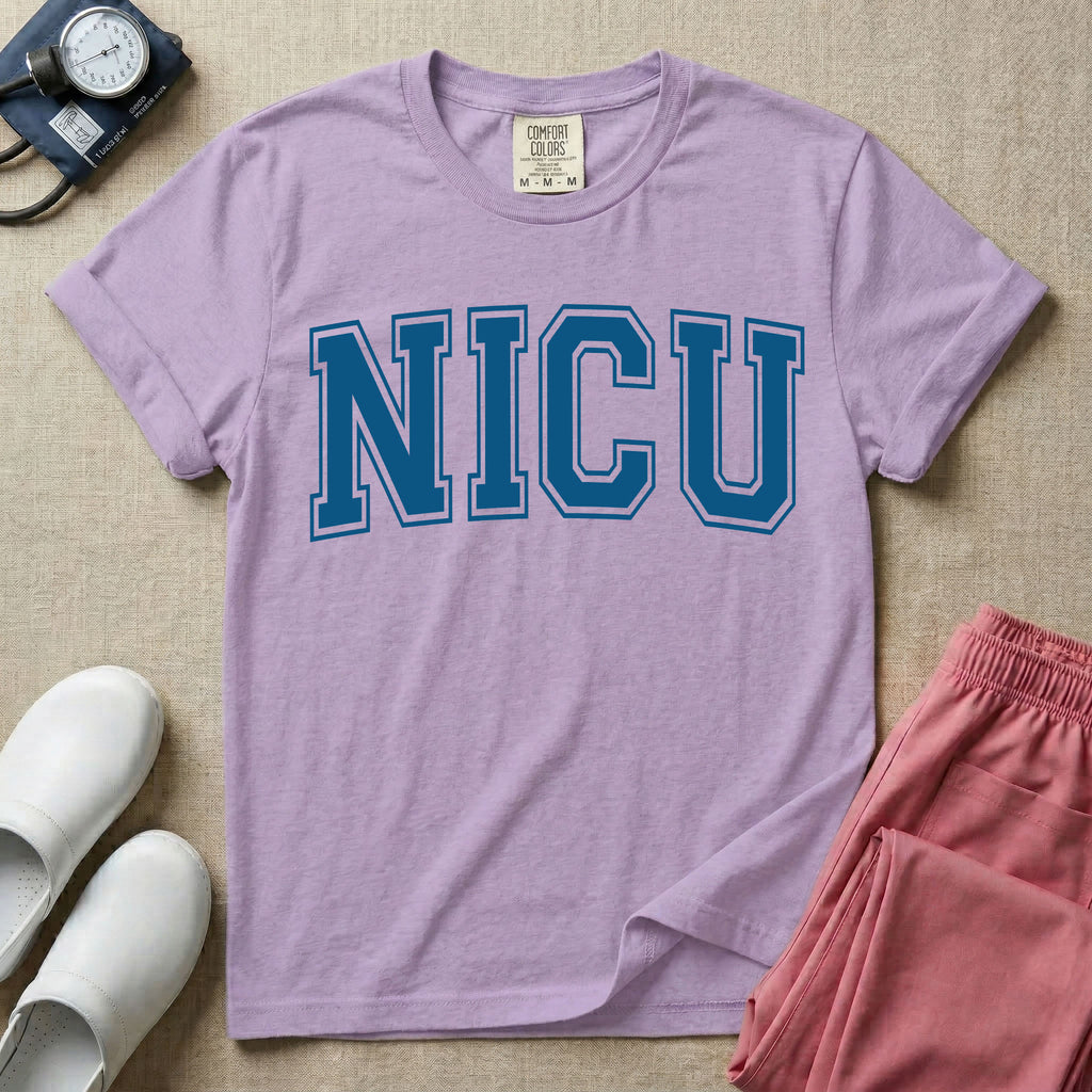 A minimalist graphic for the Neonatal Intensive Care Unit featuring the word 'NICU' printed in large, white, collegiate-style block letters across the chest.