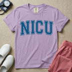 A minimalist graphic for the Neonatal Intensive Care Unit featuring the word 'NICU' printed in large, white, collegiate-style block letters across the chest.