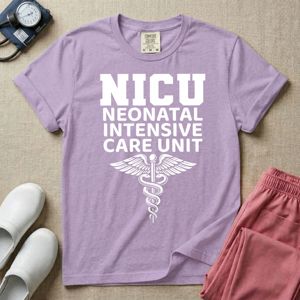 A t-shirt featuring the word NICU in large collegiate block letters above the spelled-out text Neonatal Intensive Care Unit and a medical caduceus symbol.