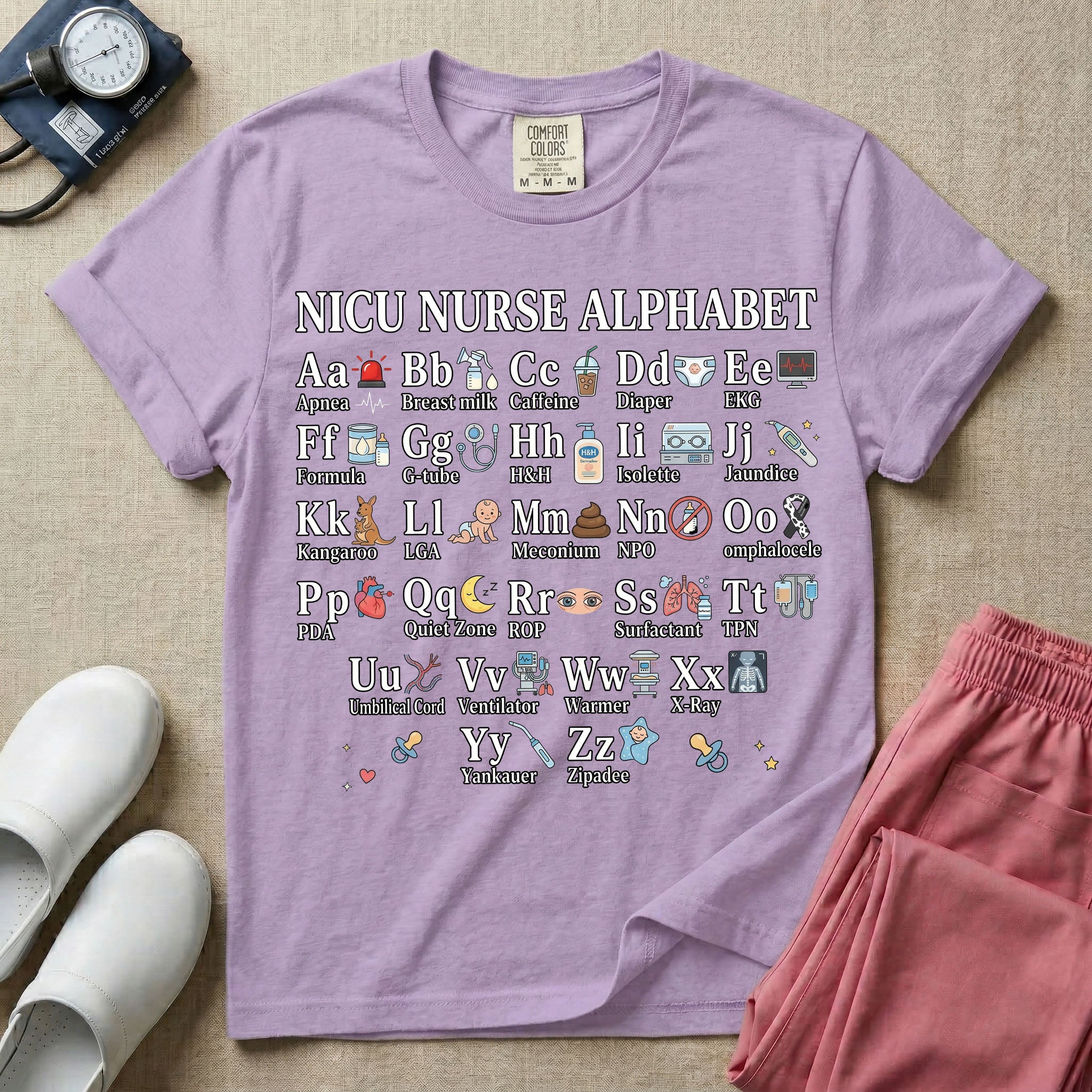 A graphic for a Neonatal Intensive Care Unit featuring the text 'NICU NURSE ALPHABET' above a comprehensive grid displaying the letters A through Z, each paired with a tiny medical illustration and term related to NICU nursing.
