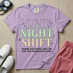 Labor and Delivery L&D night shift nurse t-shirt with pastel typography where the spirits are low and the crowning is high graphic in orchid color.