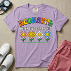 A retro-style graphic for a Neonatal Intensive Care Unit featuring the text 'NEONATAL' in colorful, arched bubbly letters above 'INTENSIVE CARE UNIT' and a row of four smiling daisy flowers.