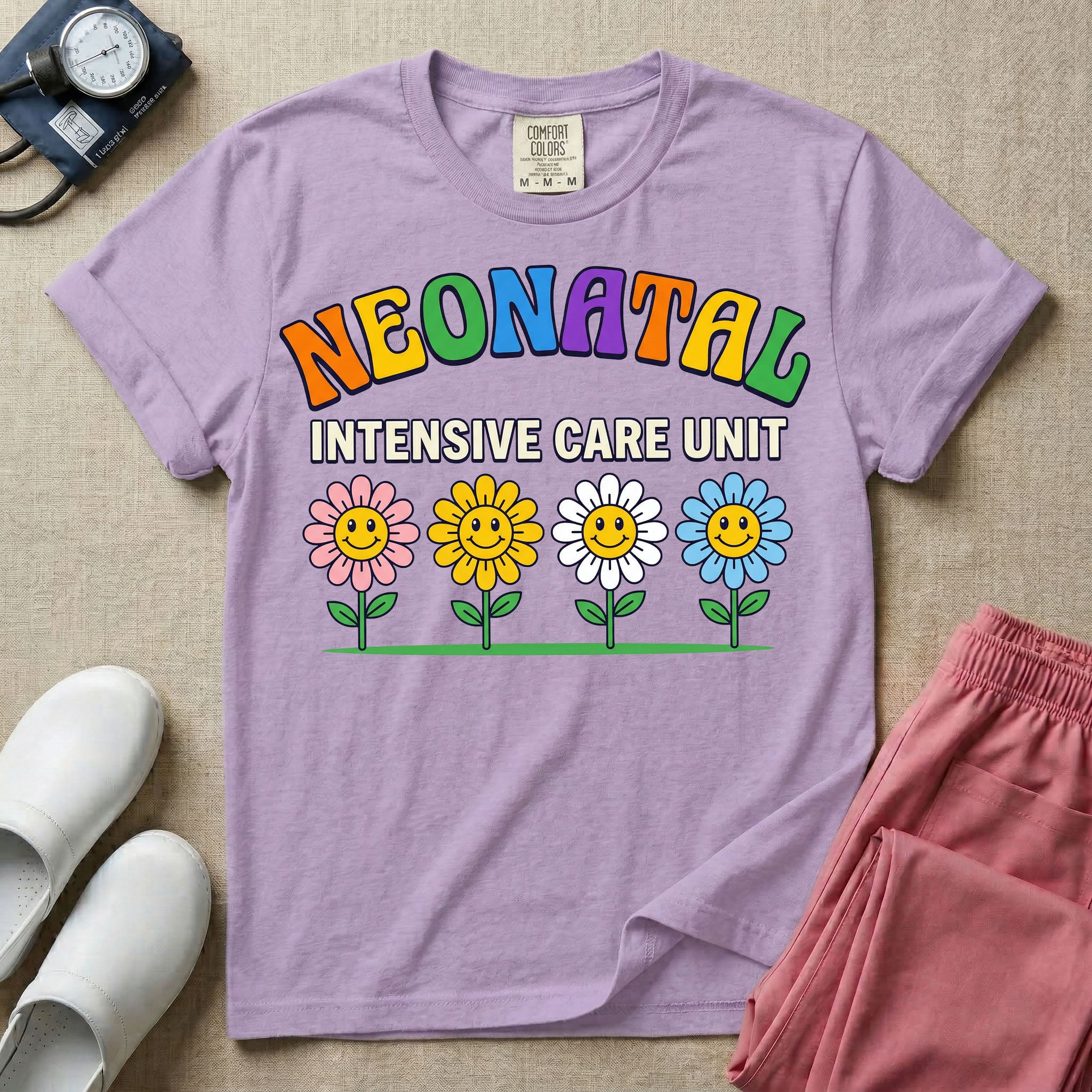 A retro-style graphic for a Neonatal Intensive Care Unit featuring the text 'NEONATAL' in colorful, arched bubbly letters above 'INTENSIVE CARE UNIT' and a row of four smiling daisy flowers.