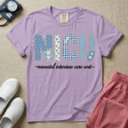 A t-shirt for NICU nurses featuring the large text "NICU" designed to look like faux embroidery with floral and plaid patterns, and the words "neonatal intensive care unit" written in a delicate script font underneath.