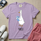 A t-shirt featuring an illustration of a white silly goose wearing a nurse's cap and holding a baby goose swaddled in a blue blanket, with the text NICU printed below.