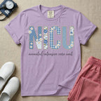 Neonatal Intensive Care Unit NICU nursing t-shirt featuring a faux-embroidery graphic of the letters NICU filled with blue floral and checkered patterns, positioned above the cursive text "neonatal intensive care unit".
