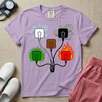 A minimalist t-shirt for nurses featuring an ECG lead placement mnemonic graphic with five connected electrical plugs, illustrating white snow over green grass, black smoke over red fire, and a central brown plug.