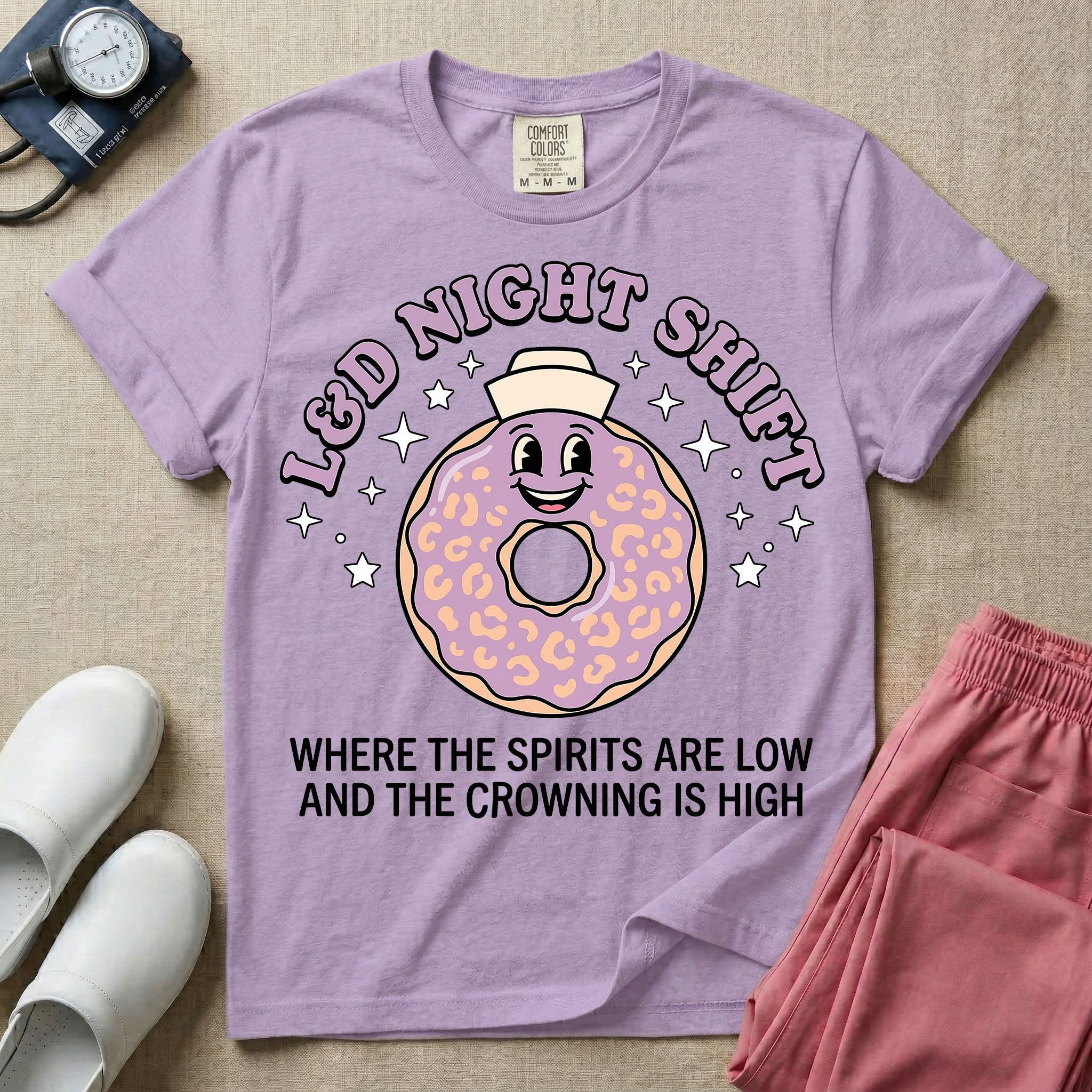 Labor and Delivery L&D night shift nurse t-shirt with a funny retro donut graphic where the spirits are low and the crowning is high in orchid color.