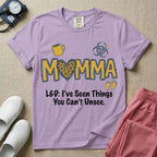 Labor and Delivery L&D nurse t-shirt with leopard print momma text and funny I've seen things you can't unsee graphic in orchid color.
