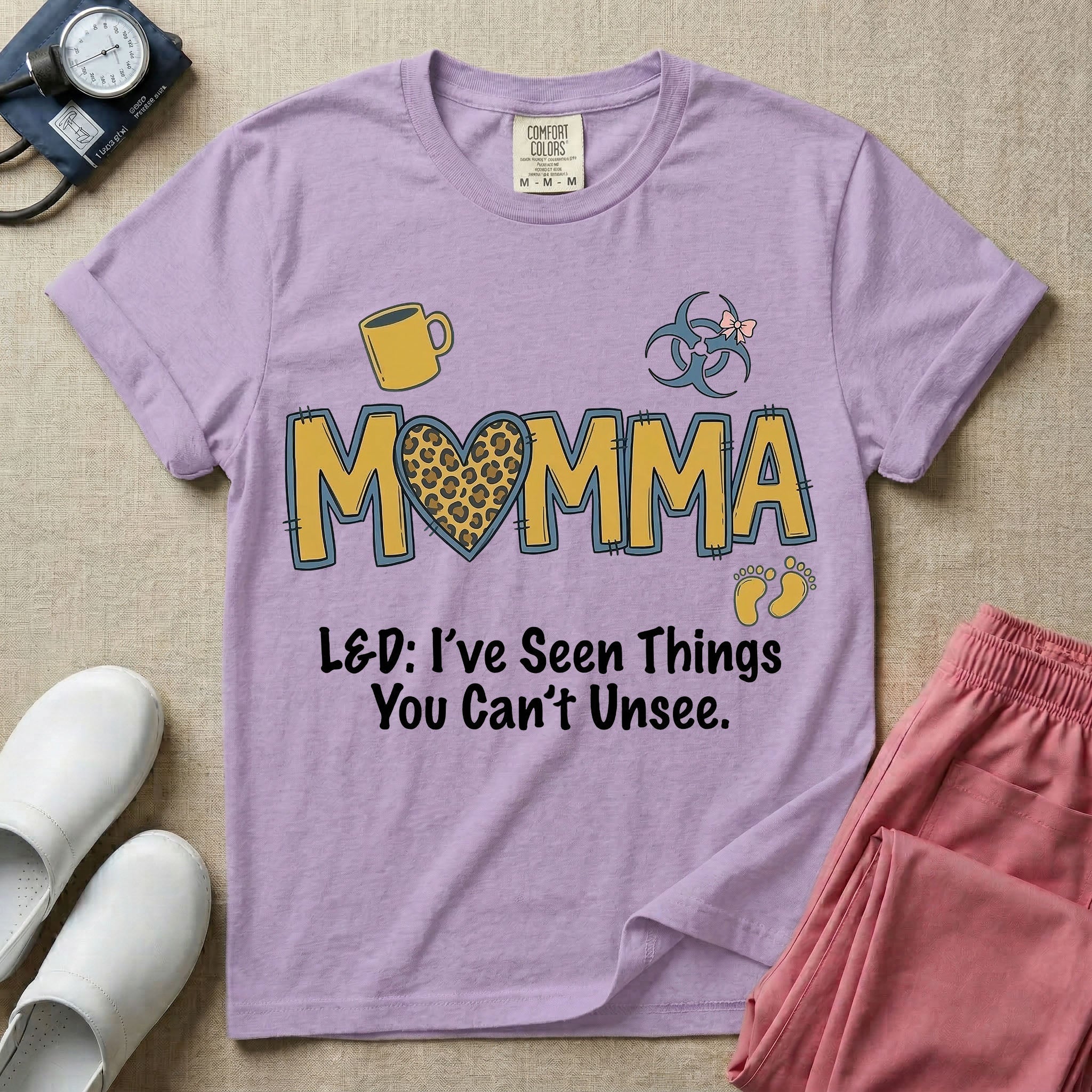 Labor and Delivery L&D nurse t-shirt with leopard print momma text and funny I've seen things you can't unsee graphic in orchid color.