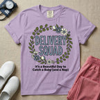 Labor and Delivery L&D nurse t-shirt with a boho floral wreath delivery squad catch a baby and a nap graphic in orchid color.