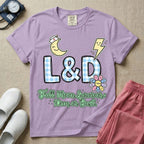 Labor and Delivery L&D nurse t-shirt with a retro full moon energies mom or bust graphic in orchid color.