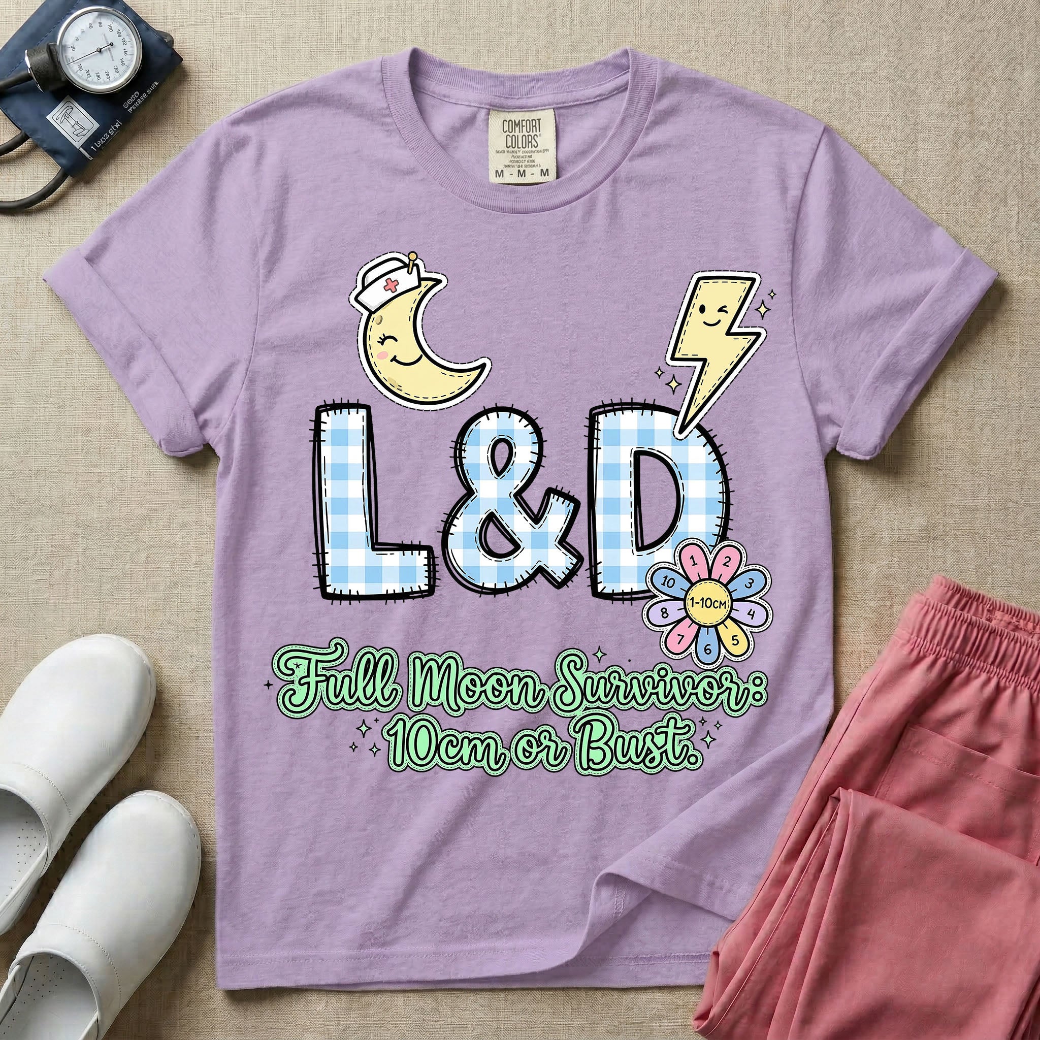 Labor and Delivery L&D nurse t-shirt with a retro full moon energies mom or bust graphic in orchid color.