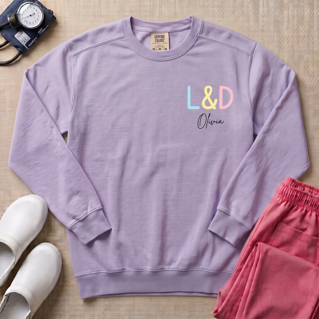 Funny Womb Service We Deliver Stork L&D Two-Sided Personalized Sweatshirt - Orchid Comfort Colors Sweatshirt | HugTee