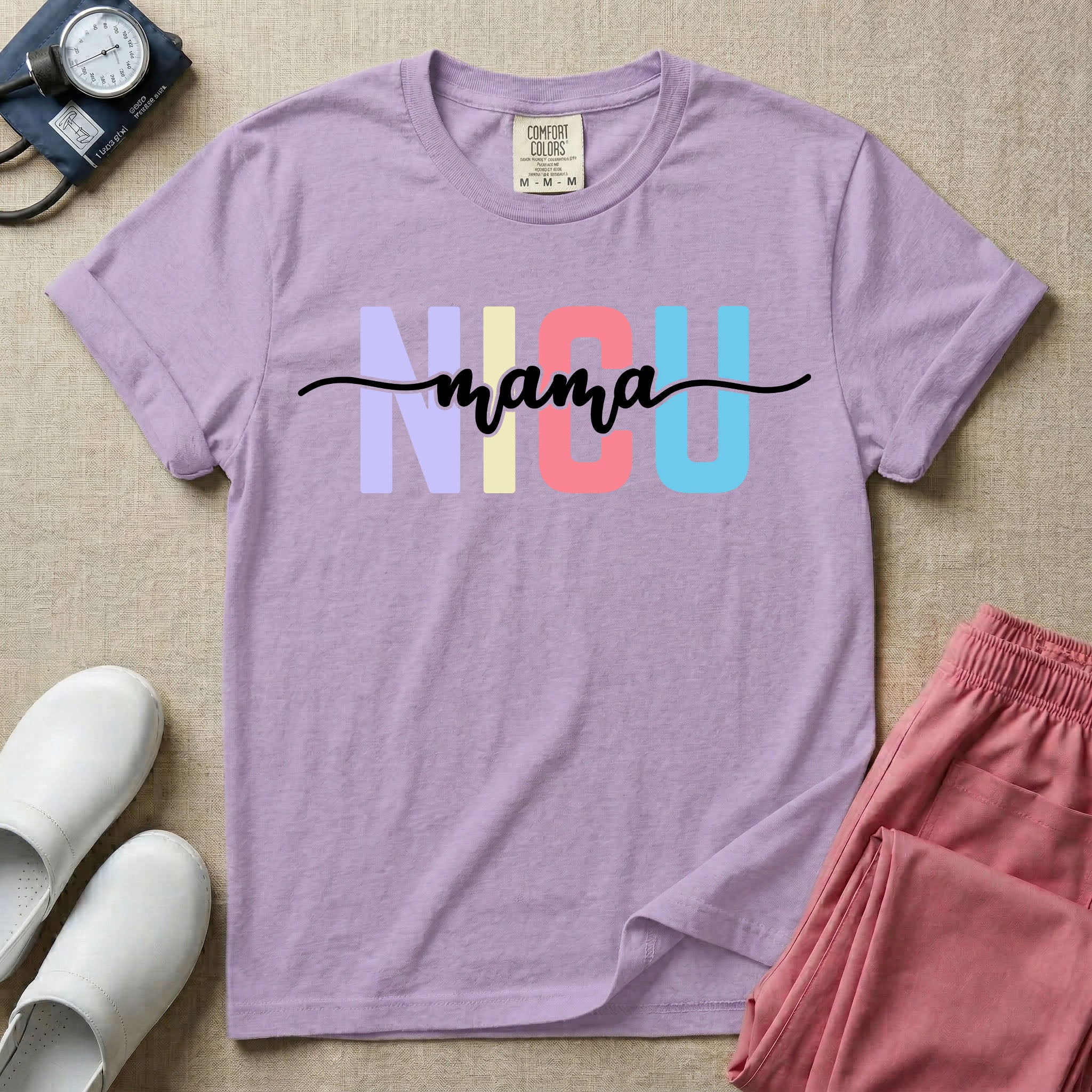 A graphic for the Neonatal Intensive Care Unit featuring the word 'NICU' in large, colorful pastel block letters with the word 'mama' written in a flowing white cursive font across the center.