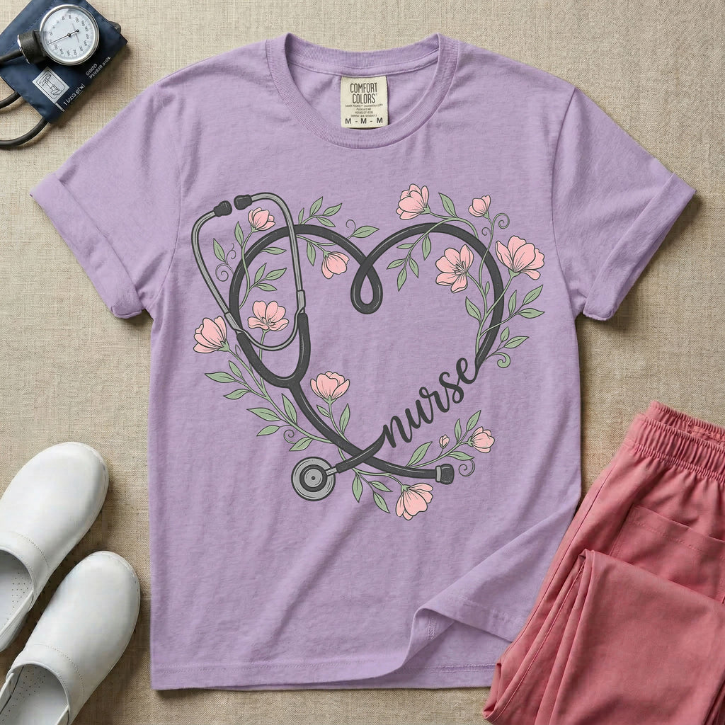 General nursing t-shirt featuring a heart-shaped stethoscope design intertwined with pink flowers and the cursive text "nurse".