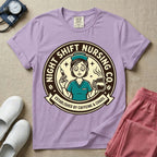 General nursing night shift nurse t-shirt with a retro vintage exhausted nurse holding coffee and a syringe established by caffeine and chaos graphic in orchid color.