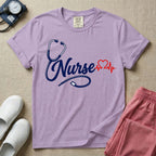 General nursing t-shirt with a minimalist cursive Nurse text integrated with a navy blue stethoscope and a red heartbeat graphic.