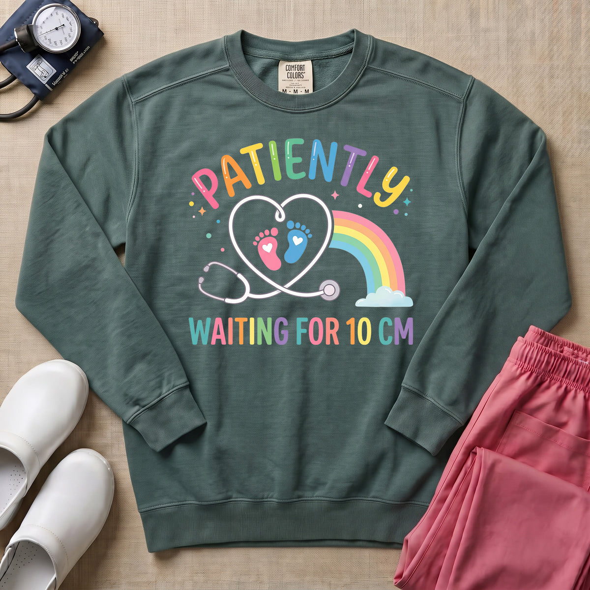 Patiently Waiting For 10 CM Rainbow L&D Nurse Midwife Sweatshirt - Blue Spruce Comfort Colors Sweatshirt | HugTee