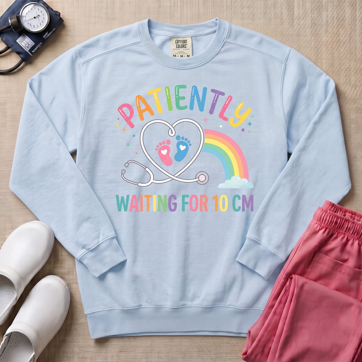 Patiently Waiting For 10 CM Rainbow L&D Nurse Midwife Sweatshirt - Chambray Comfort Colors Sweatshirt | HugTee