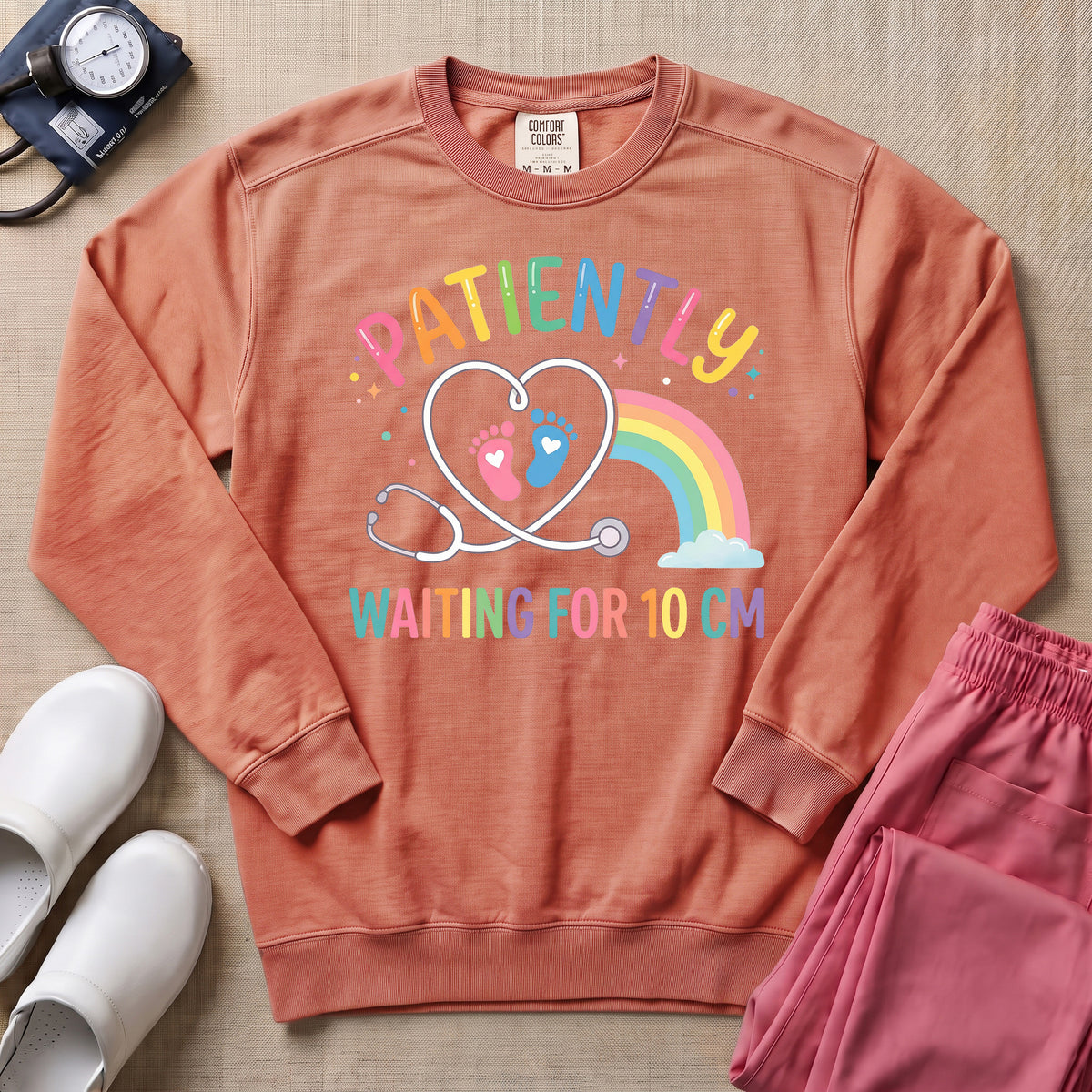 Patiently Waiting For 10 CM Rainbow L&D Nurse Midwife Sweatshirt - Terracotta Comfort Colors Sweatshirt | HugTee