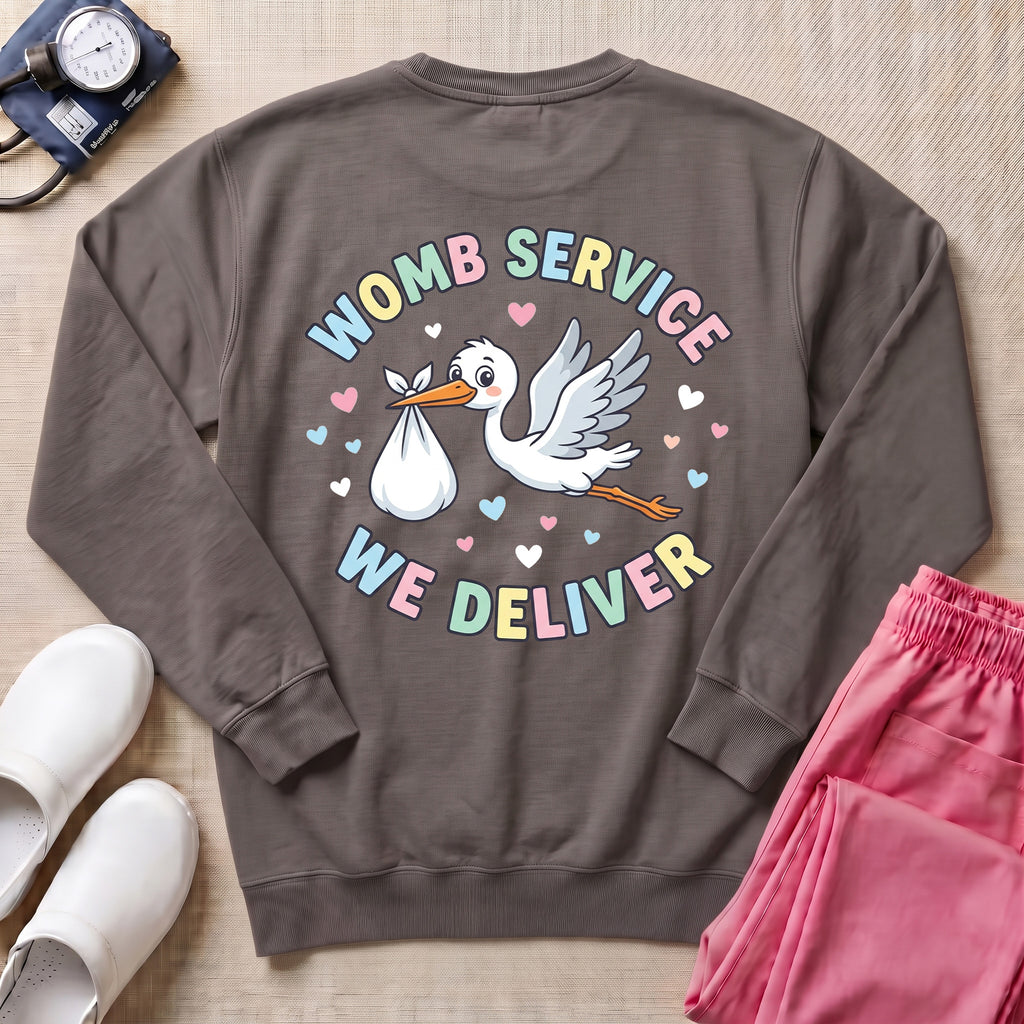 Funny Womb Service We Deliver Stork L&D Two-Sided Personalized Sweatshirt - Pepper Lifestyle Hero Mockup | HugTee