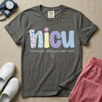 Neonatal Intensive Care Unit NICU nurse t-shirt with boho floral block letters in pepper color.