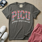 A boho pediatric intensive care nursing t-shirt featuring the large block text "PICU" filled with a decorative floral pattern, positioned above the cursive white text "pediatric intensive care unit".