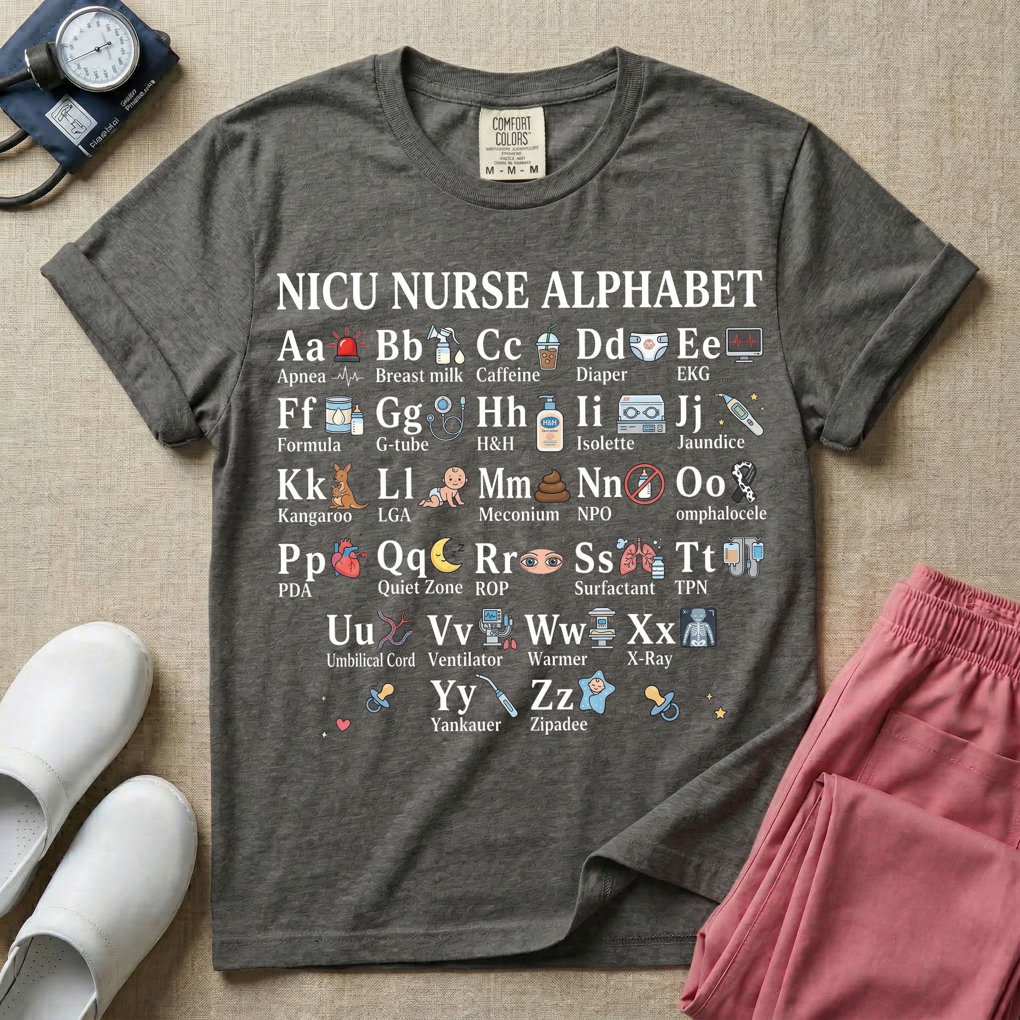 A graphic for a Neonatal Intensive Care Unit featuring the text 'NICU NURSE ALPHABET' above a comprehensive grid displaying the letters A through Z, each paired with a tiny medical illustration and term related to NICU nursing.