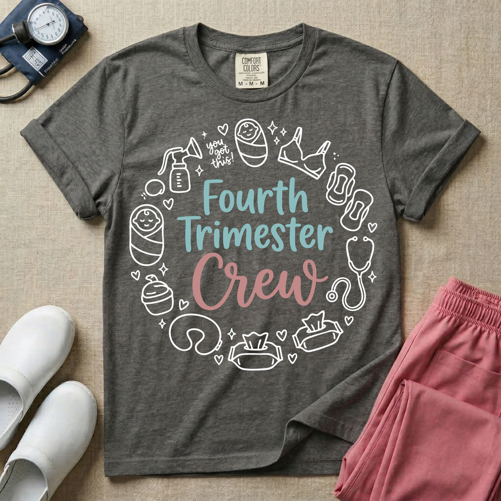 A postpartum nursing t-shirt featuring the stacked text "Fourth Trimester Crew" in blue and pink retro fonts, surrounded by a circular border of white minimalist line drawings depicting newborn and postpartum care items including a breast pump, swaddled baby, maternity bra, maxi pad, stethoscope, wipes, and a nursing pillow.