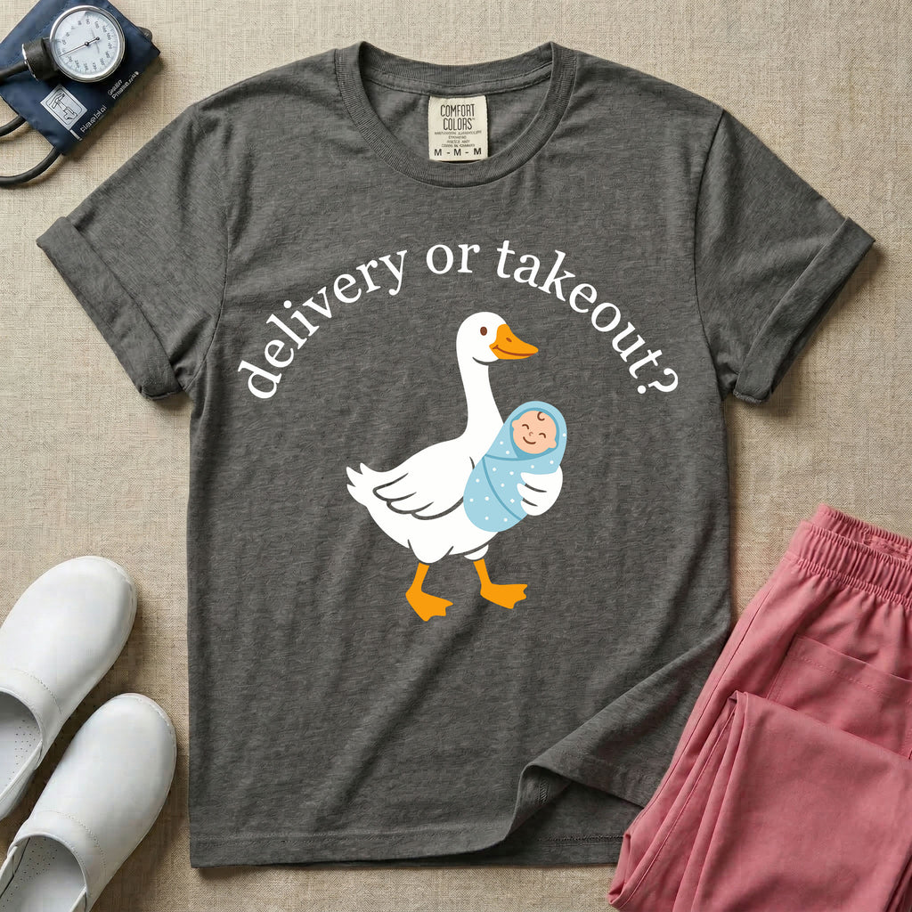 A funny L&D nursing t-shirt featuring a graphic of a white silly goose carrying a baby in a blue swaddle in its beak, surrounded by the humorous arched text "delivery or takeout?".