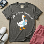 A funny L&D nursing t-shirt featuring a graphic of a white silly goose carrying a baby in a blue swaddle in its beak, surrounded by the humorous arched text "delivery or takeout?".
