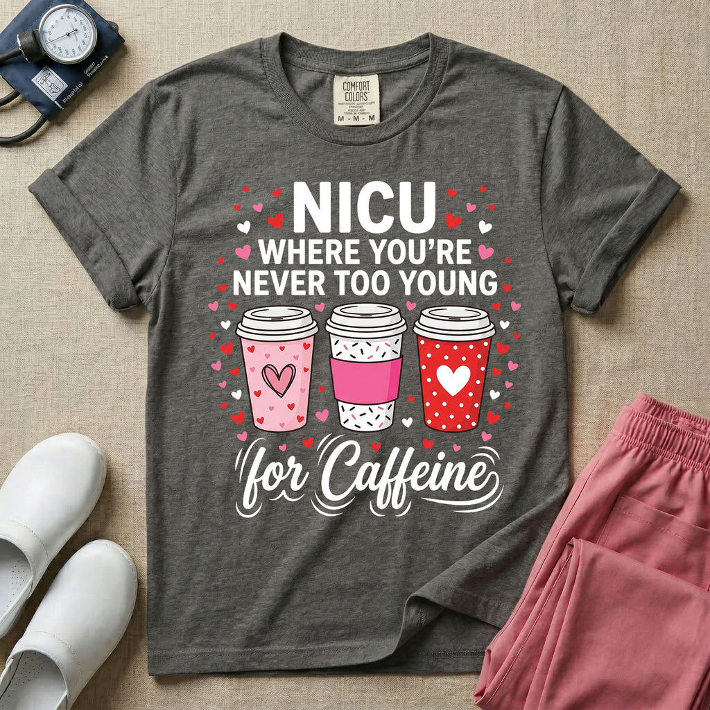 A Valentine's Day themed graphic for a Neonatal Intensive Care Unit featuring the text 'NICU WHERE YOU'RE NEVER TOO YOUNG' stacked above three to-go coffee cups decorated with heart patterns, with 'for Caffeine' written in script at the bottom, all surrounded by small red and pink hearts.