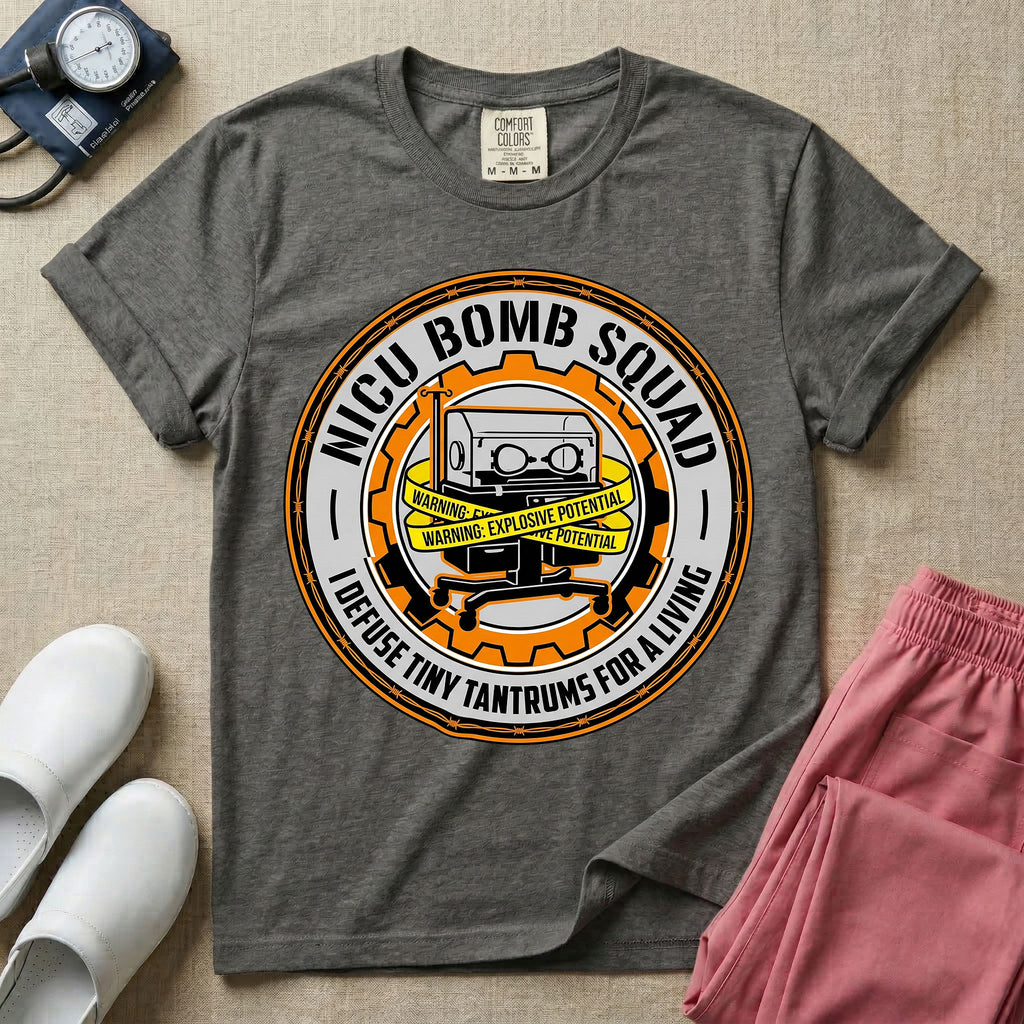 Neonatal Intensive Care Unit NICU nurse t-shirt with funny bomb squad defusing tiny tantrums graphic in pepper color.