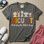 Neonatal Intensive Care Unit NICU RT respiratory therapist t-shirt featuring a row of cute cartoon animals including a lion, bunny, giraffe, elephant, and monkey sitting on the text "NICU RT" positioned above the cursive text "Protecting the Littlest Lungs".