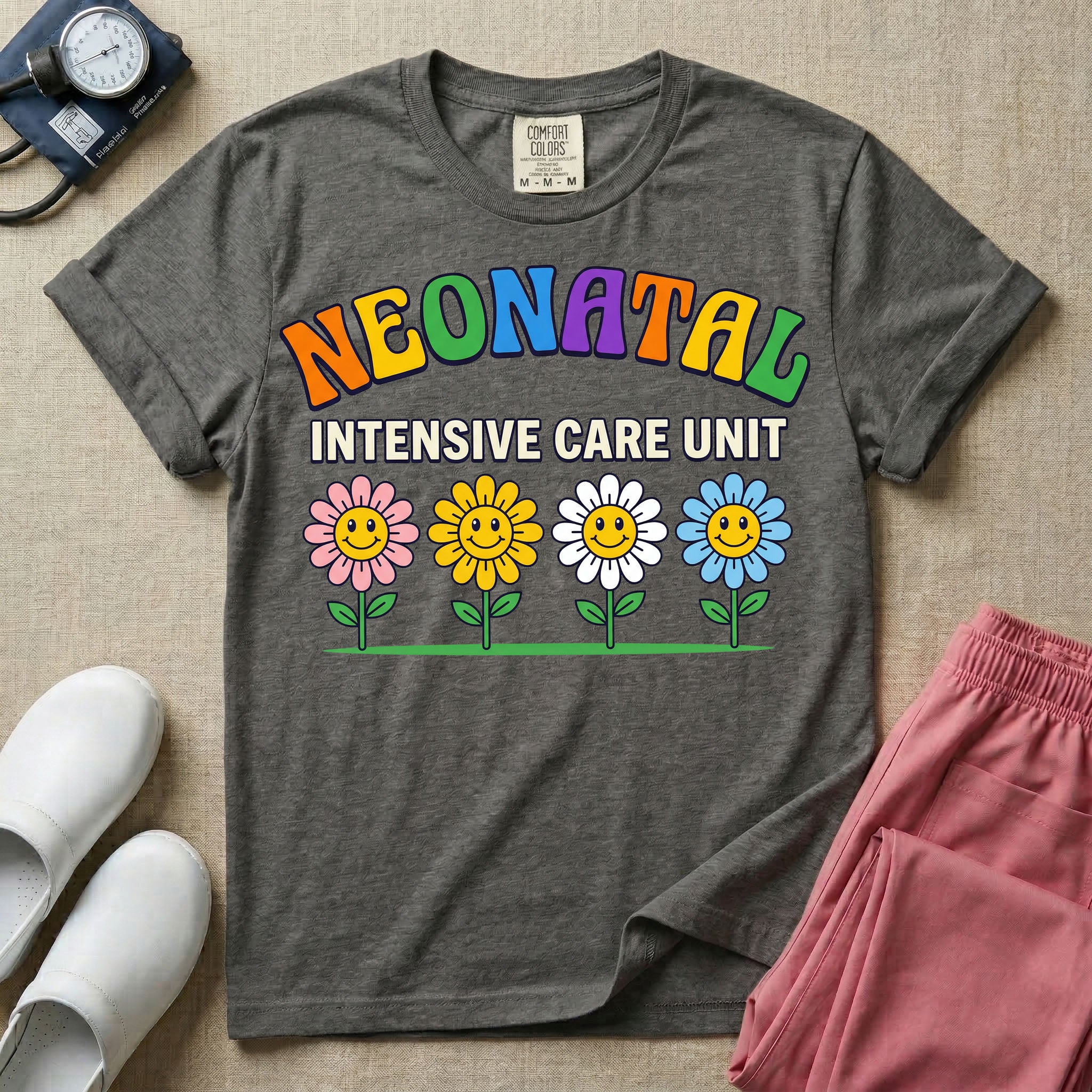 A retro-style graphic for a Neonatal Intensive Care Unit featuring the text 'NEONATAL' in colorful, arched bubbly letters above 'INTENSIVE CARE UNIT' and a row of four smiling daisy flowers.