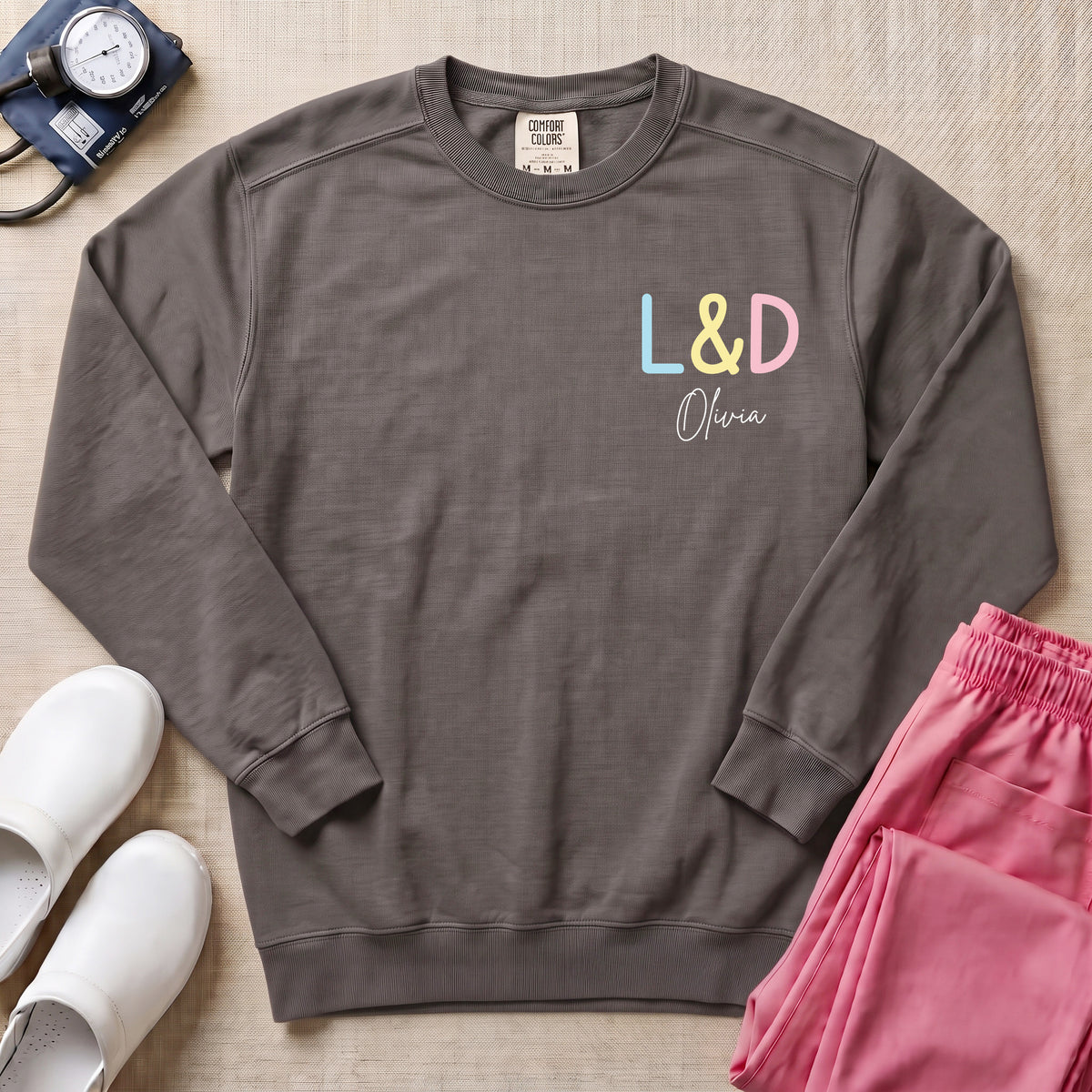 Funny Womb Service We Deliver Stork L&D Two-Sided Personalized Sweatshirt - Pepper Comfort Colors Sweatshirt | HugTee