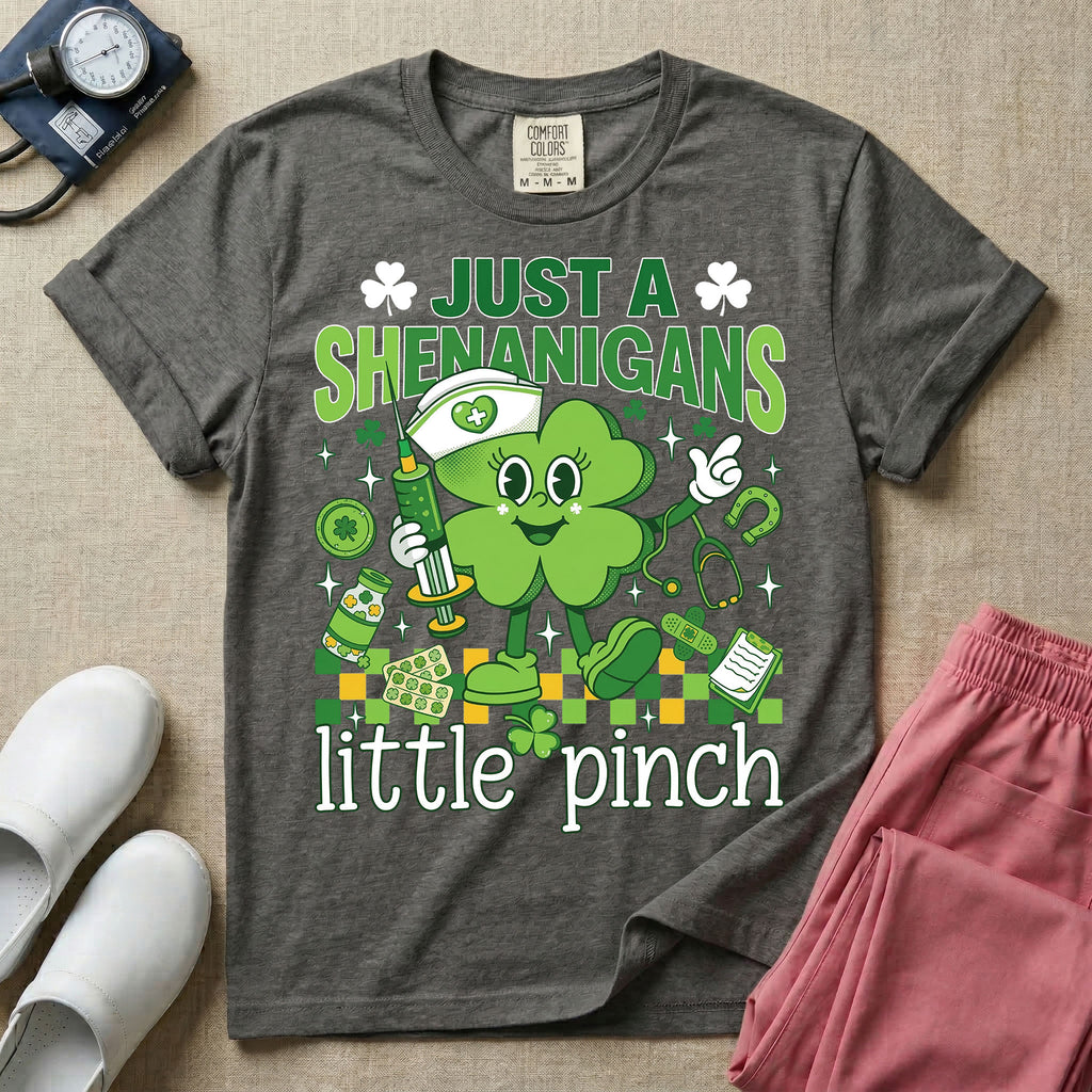 General nursing nurse t-shirt with a retro clover just a shenanigans little pinch graphic in pepper color.