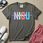 A graphic for the Neonatal Intensive Care Unit featuring the word 'NICU' in large, colorful pastel block letters with the word 'mama' written in a flowing white cursive font across the center.