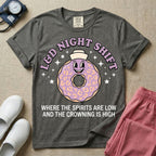 Labor and Delivery L&D night shift nurse t-shirt with a funny retro donut graphic where the spirits are low and the crowning is high in pepper color.