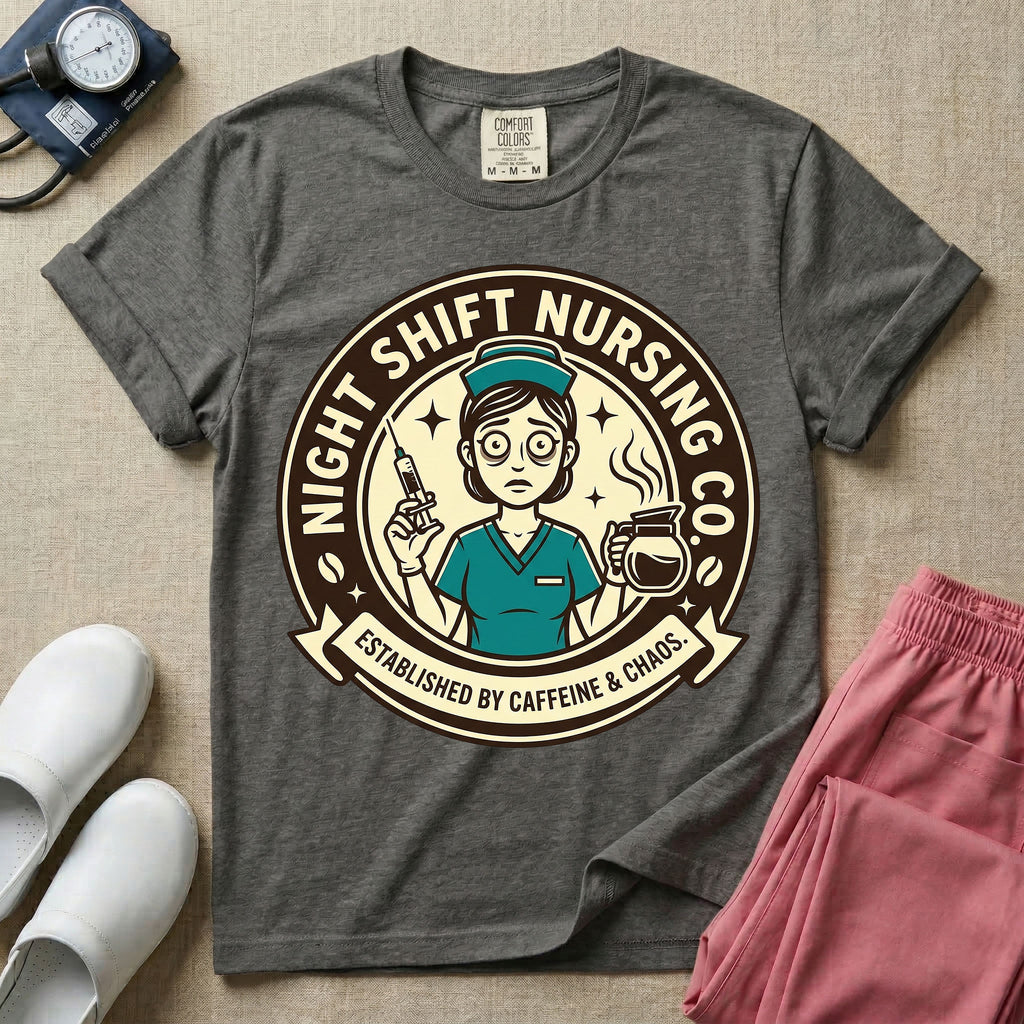 General nursing night shift nurse t-shirt with a retro vintage exhausted nurse holding coffee and a syringe established by caffeine and chaos graphic in pepper color.