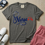General nursing t-shirt with a minimalist cursive Nurse text integrated with a navy blue stethoscope and a red heartbeat graphic.