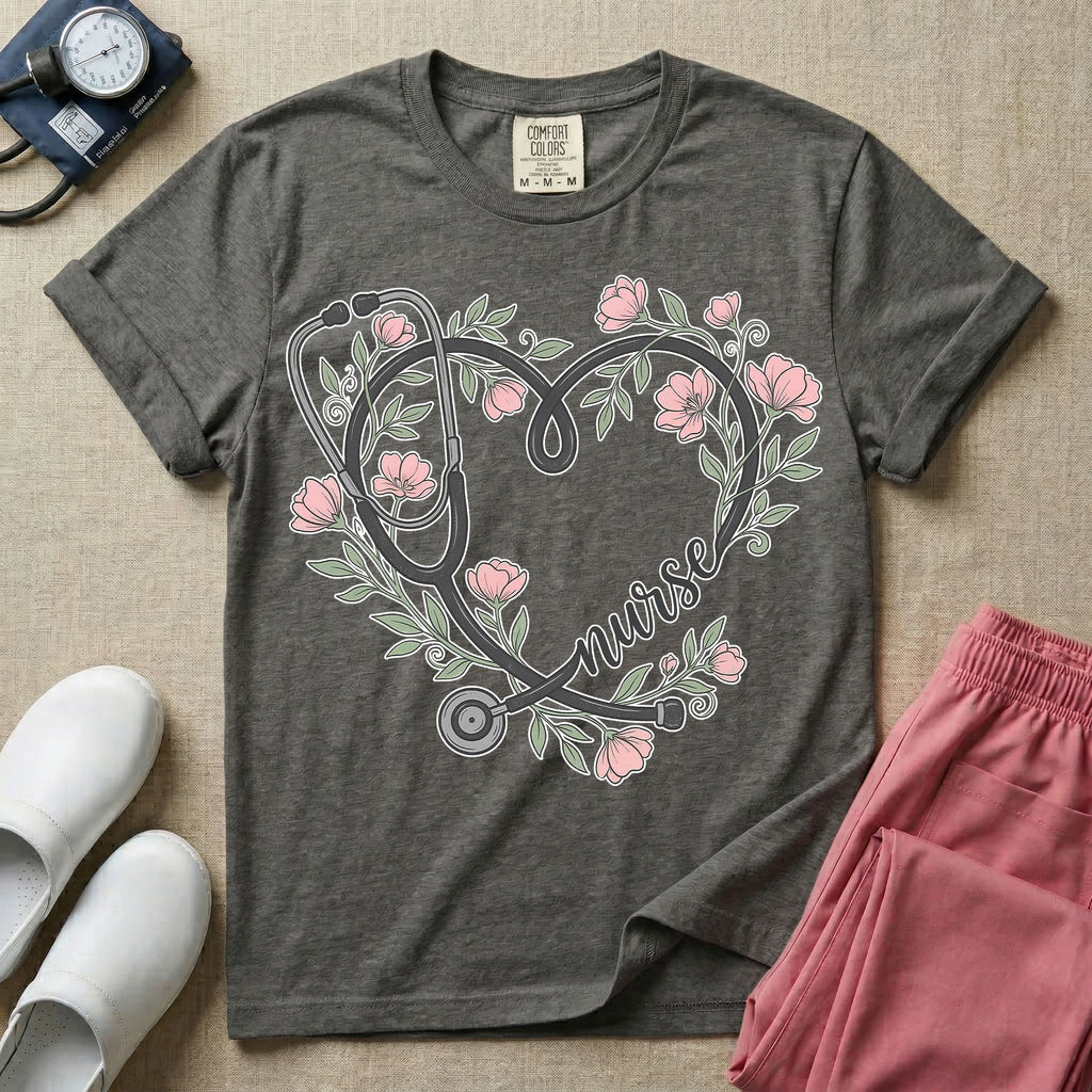 General nursing t-shirt featuring a heart-shaped stethoscope design intertwined with pink flowers and the cursive text "nurse".
