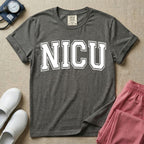 A minimalist graphic for the Neonatal Intensive Care Unit featuring the word 'NICU' printed in large, white, collegiate-style block letters across the chest.