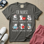 A funny t-shirt for emergency room nurses featuring the text "ER NURSE" above a grid of six cute cartoon cats demonstrating medical puns, including a cat reading for "PAWTHOLOGY", a cat with an ECG heart for "MEOWTABOLISM", a cat holding a test tube for "LAB PAWNELS", a cat with pills for "MEOWDICATION", a cat holding a heart for "HEALING PAWS", and a cat with a stethoscope for "PURRCEDURES".