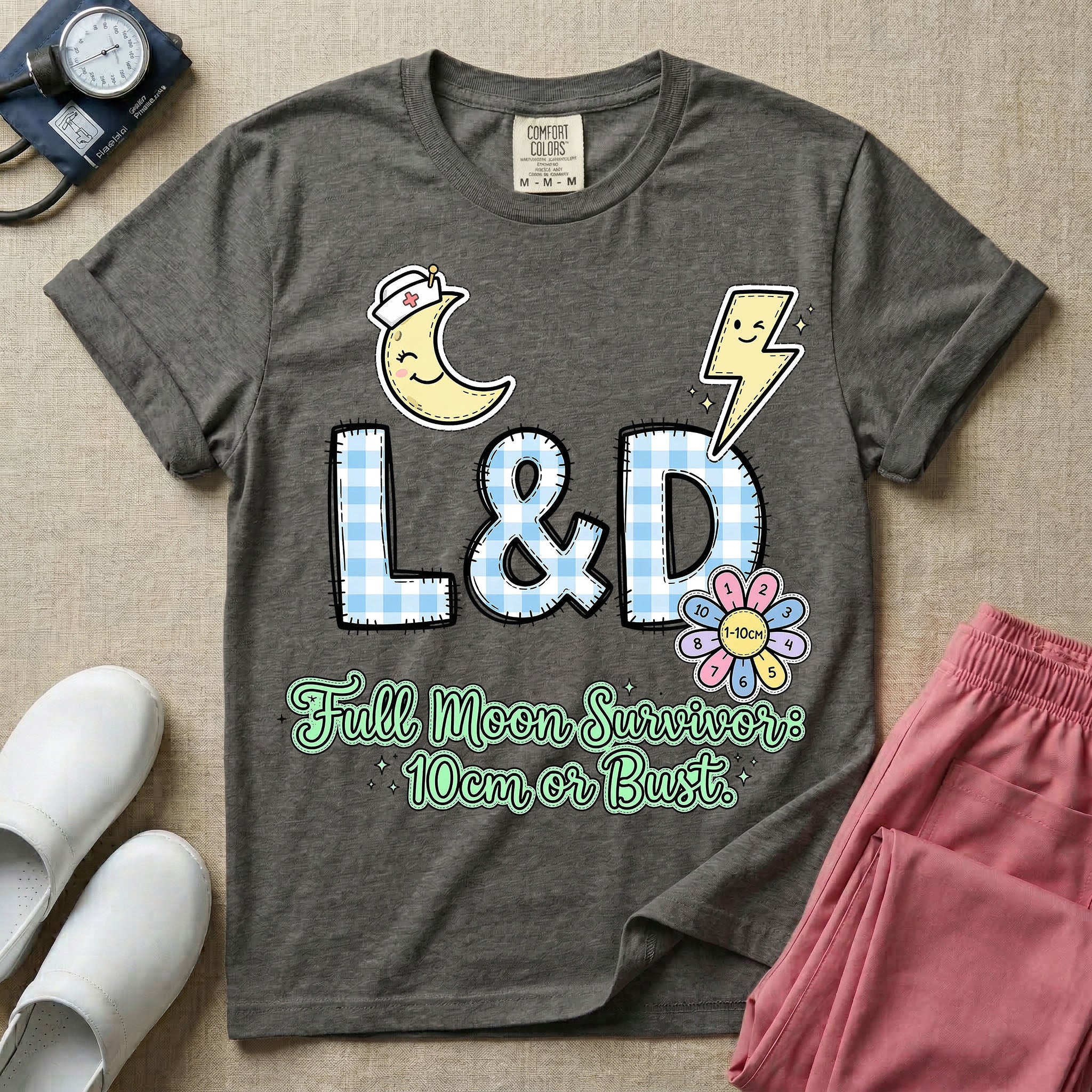 Labor and Delivery L&D nurse t-shirt with a retro full moon energies mom or bust graphic in pepper color.