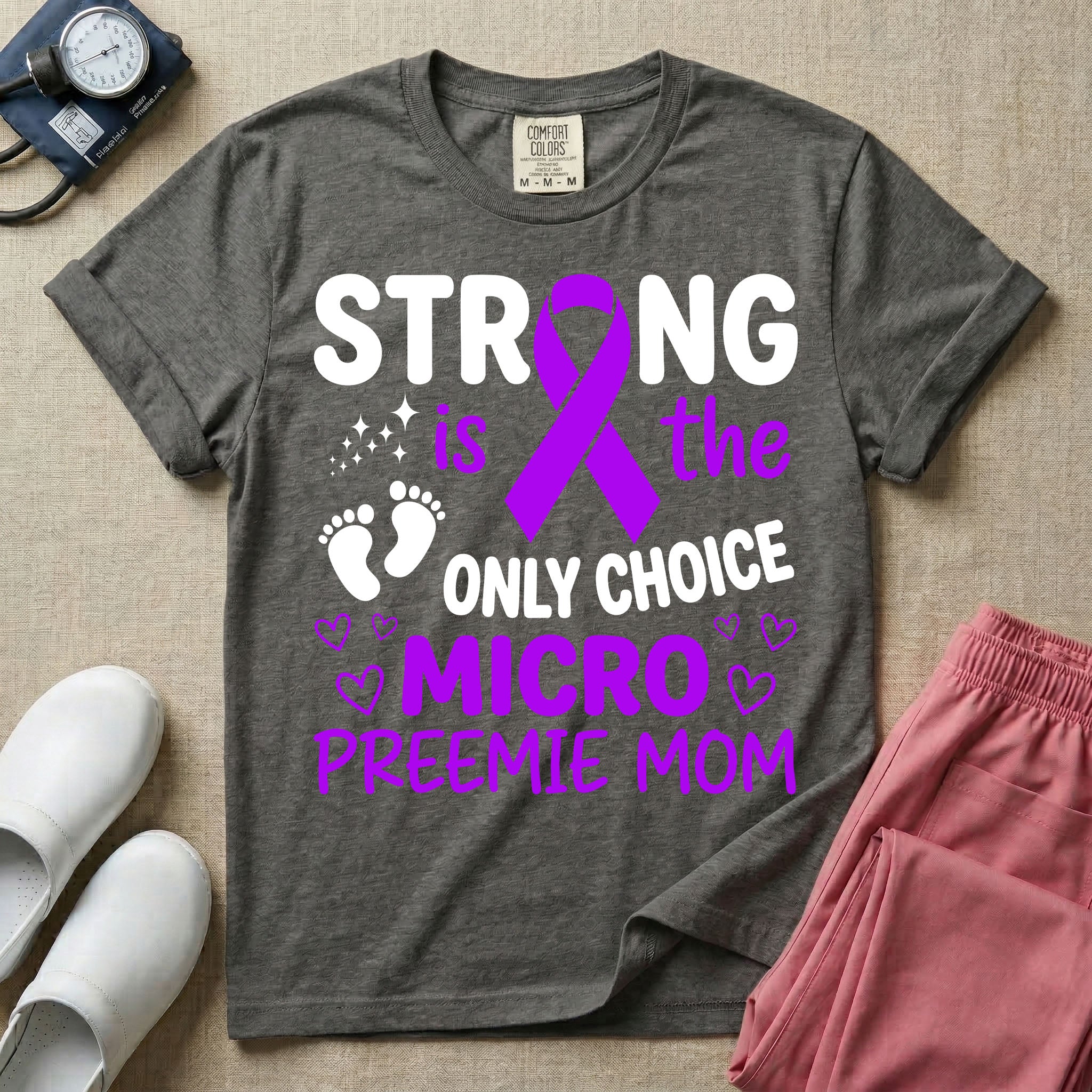 A graphic for the Neonatal Intensive Care Unit featuring the text 'STRONG is the ONLY CHOICE' stacked above 'MICRO PREEMIE MOM', incorporating a large purple awareness ribbon, tiny baby footprints, and small purple outline hearts.