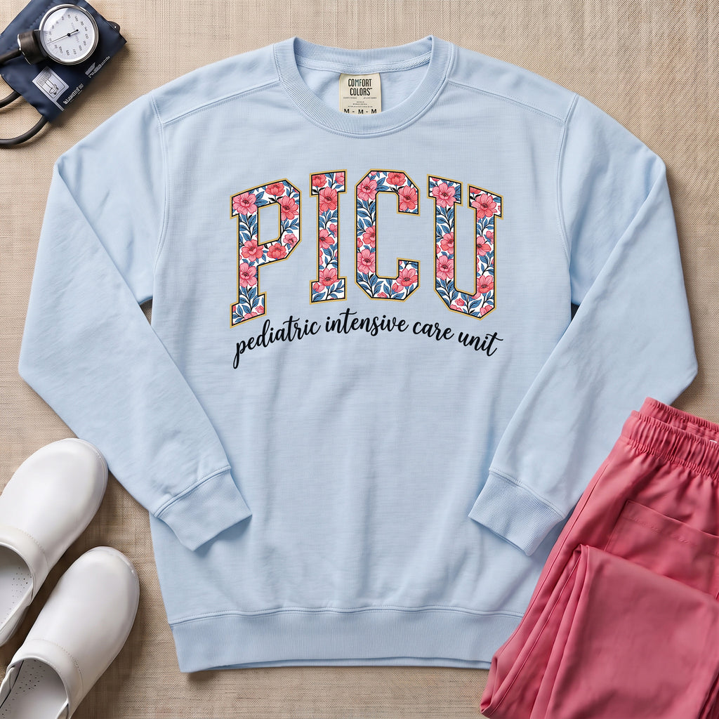 Floral PICU Pediatric Intensive Care Unit Nurse Sweatshirt - Chambray Comfort Colors Sweatshirt | HugTee
