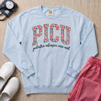 Floral PICU Pediatric Intensive Care Unit Nurse Sweatshirt - Chambray Comfort Colors Sweatshirt | HugTee